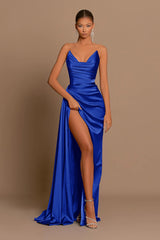 Elegant Royal Blue Long Charmeuse Evening Dress with Slit Pleats