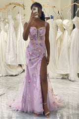 Mauve Mermaid Appliqued Long Corset Prom Dress With Slit