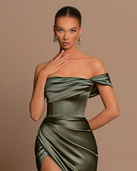 Off-The-Shoulder Sage Green Evening Dress Ball Gown Sleeveless Slit Pleated