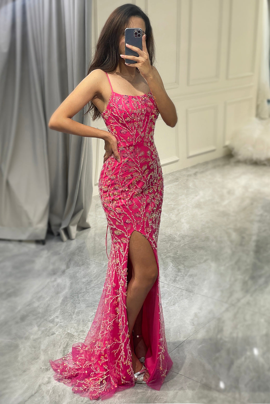 Sparkly Fuchsia Mermaid Long Appliqued Prom Dress With Slit