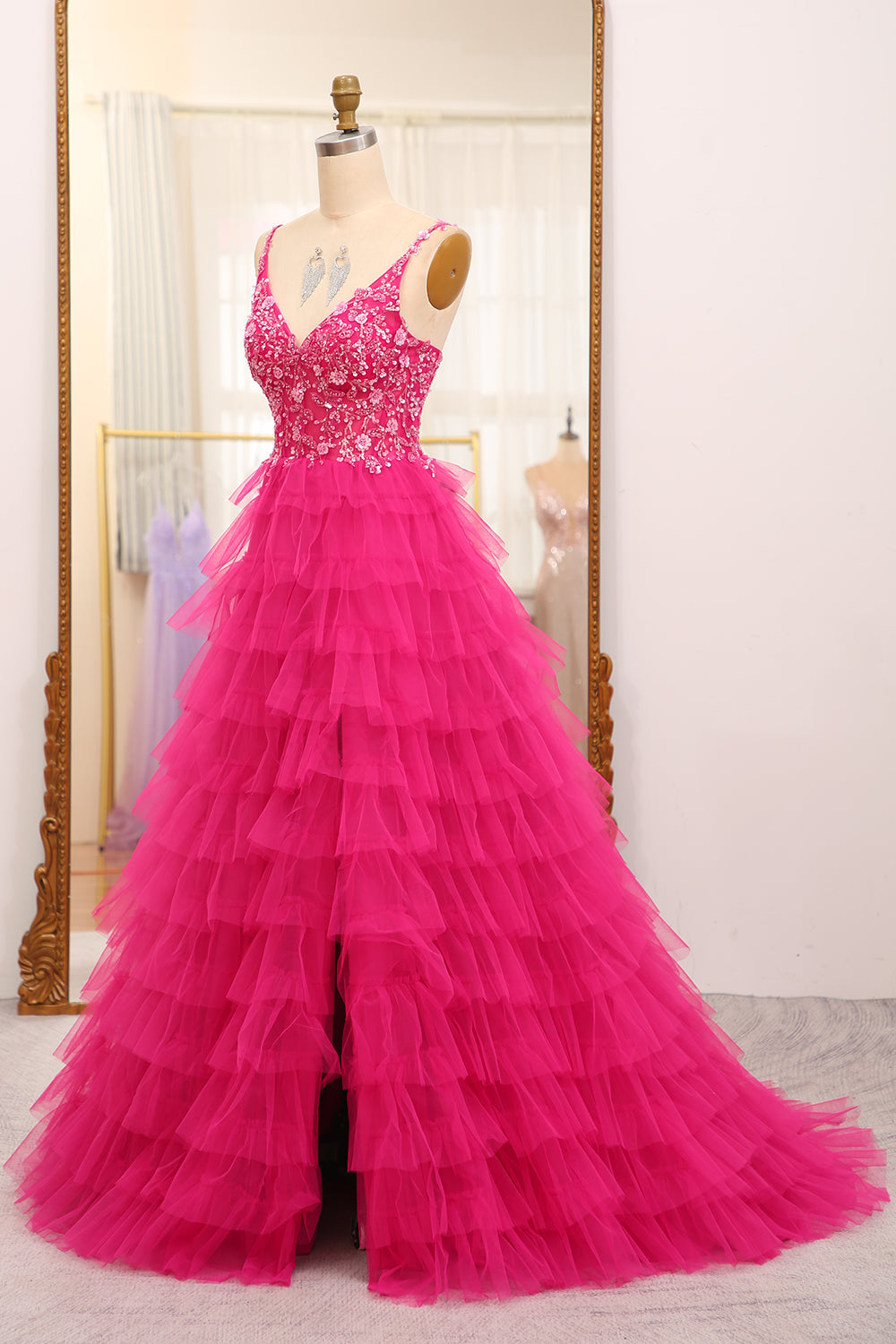 Sparkly Fuchsia A Line Beaded Appliques Tiered Long Prom Dress With Slit