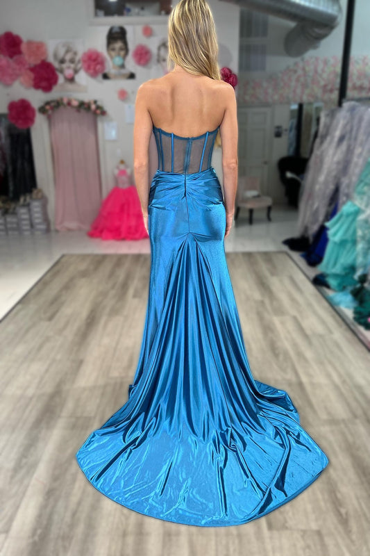 Blue Sheath Corset Long Prom Dress with Slit