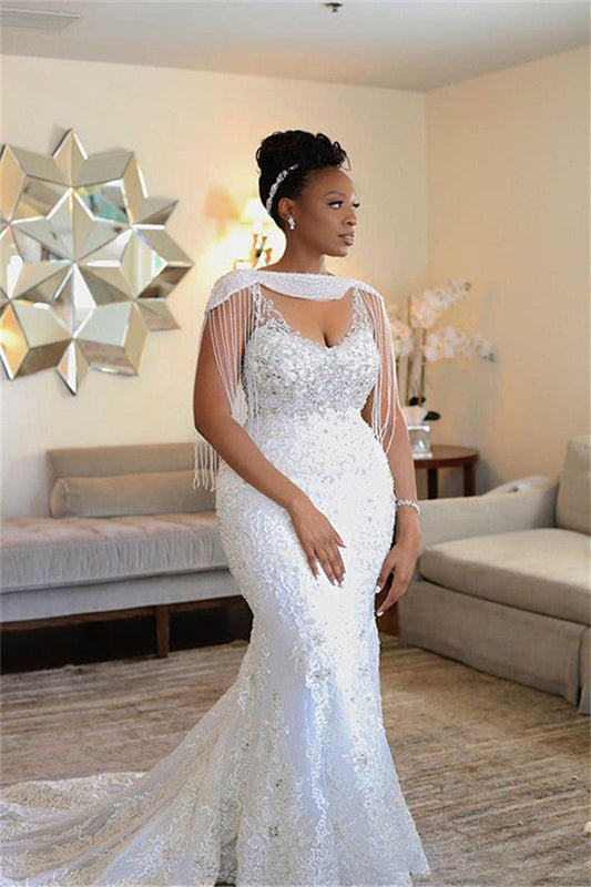 White Mermaid Off the Shoulder Beaded Tulle Appliques Bridal Dress