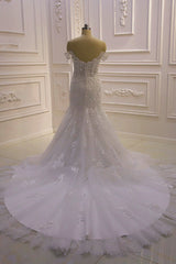 Amazing White 3D Lace Appliques Off The Shoulder Mermaid Tulle Wedding Dress