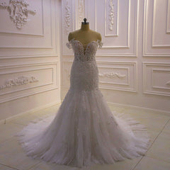 Amazing White 3D Lace Appliques Off The Shoulder Mermaid Tulle Wedding Dress