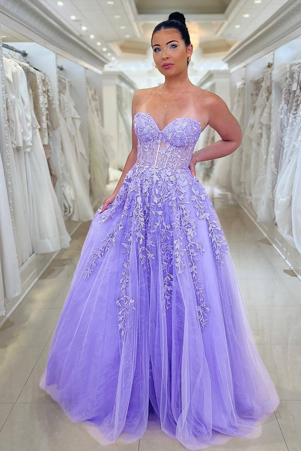 Elegant Purple Strapless Long Corset Prom Dress With Appliques