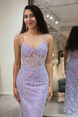 Sparkly Lilac Mermaid Long Corset Prom Dress With Appliques