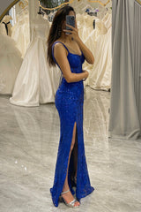 Glitter Royal Blue Long Corset Prom Dress With Slit