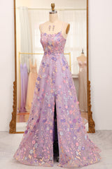 Mauve A Line Tulle Appliqued Long Prom Dress With Slit