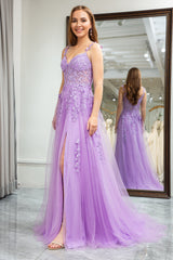 Lilac Tulle A Line Backless Appliqued Long Corset Prom Dress With Slit