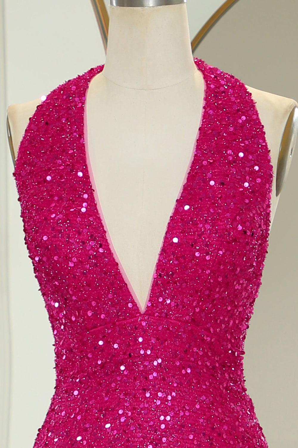 Sparkly Fuchsia Beaded Mermaid V Neck Backless Long Prom Dress With Slit