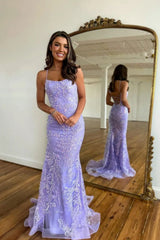 Sparkly Lavender Mermaid Spaghetti Straps Long Lace Backless Prom Dress