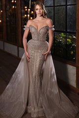 Gorgeous Grey Mermaid Evening Dress Prom Dress Off-the-Shoulder V-Neck with Sequins