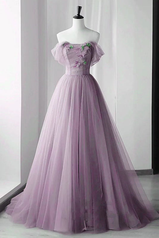 Lilac Off-The-Shoulder Evening Dress with Beadings and Appliques