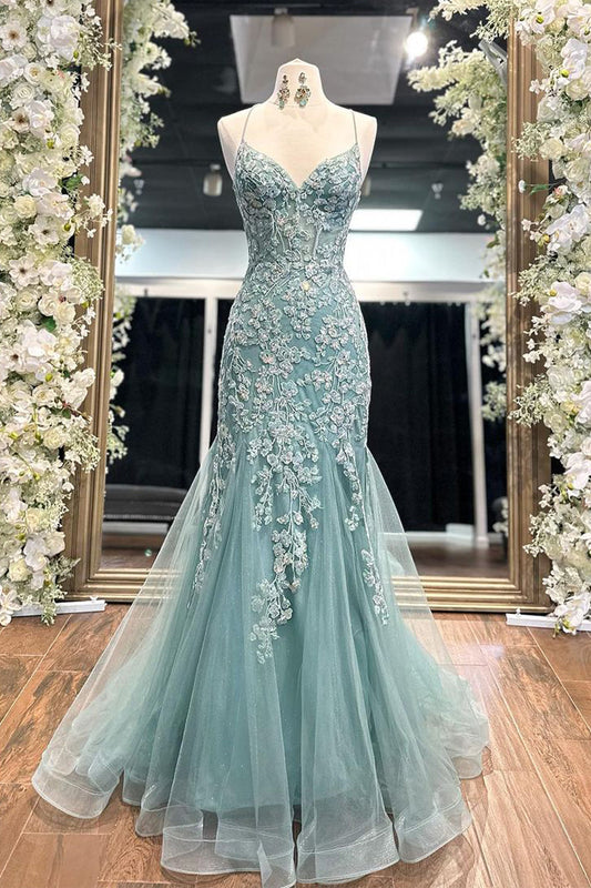 Light Green Mermaid Lace Long Backless Prom Dress