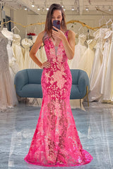 Fuchsia Mermaid V Neck Long Prom Dress With Sequined Appliques