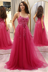 Fuchsia A Line Long Prom Dress With Appliques