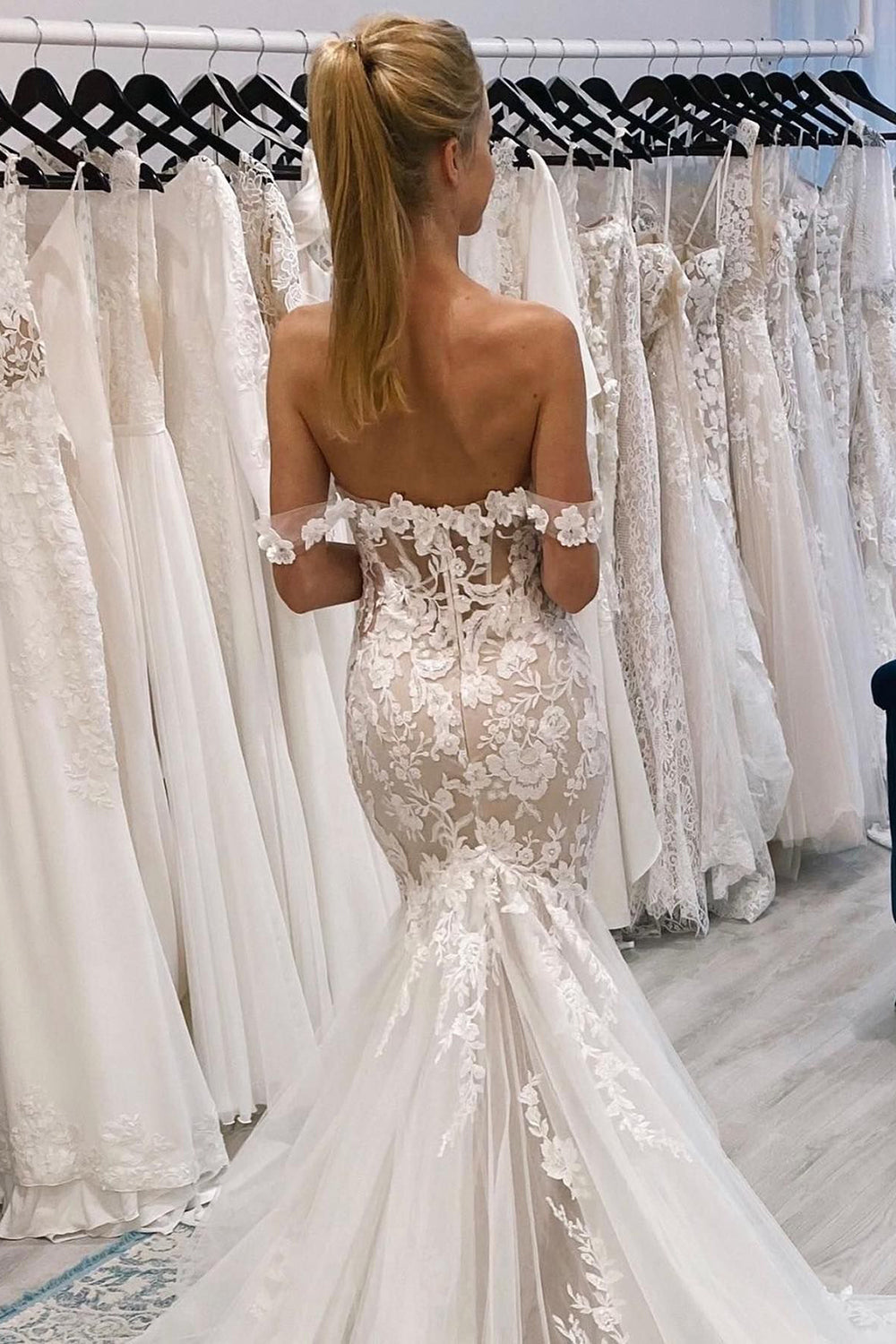 Timeless Ivory Off-the-Shoulder Long Lace Mermaid Wedding Dress