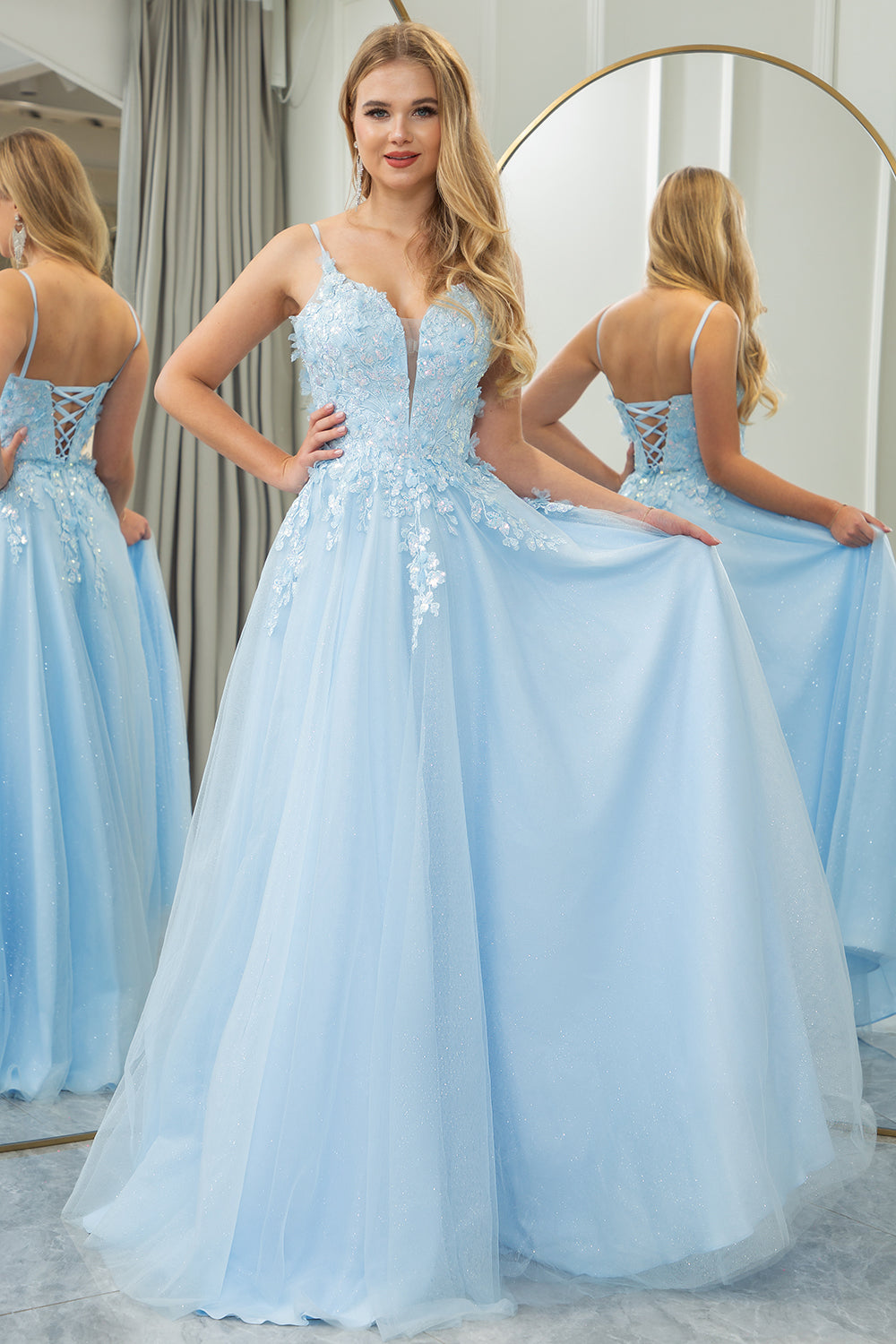 Light Blue A Line Tulle Long Prom Dress With Appliques