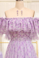 Light Purple Tulle A Line Off the Shoulder Long Prom Dress