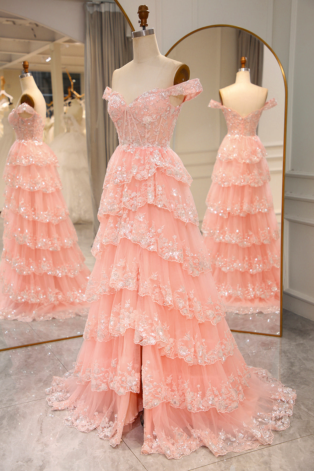 Glitter Blush Tiered A-Line Long Prom Dress with Lace