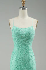 Mint Spaghetti Straps Appliques Mermaid Long Prom Dress