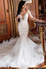 Long Sleeve Mermaid Lace Applique Wedding Dress