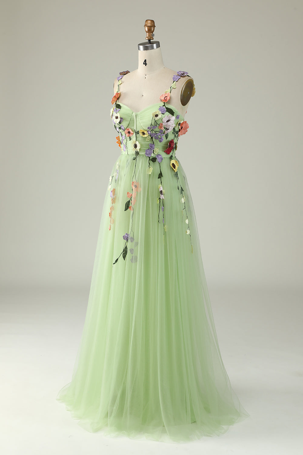 Green Spaghetti Straps Prom Dress With 3D Flowers