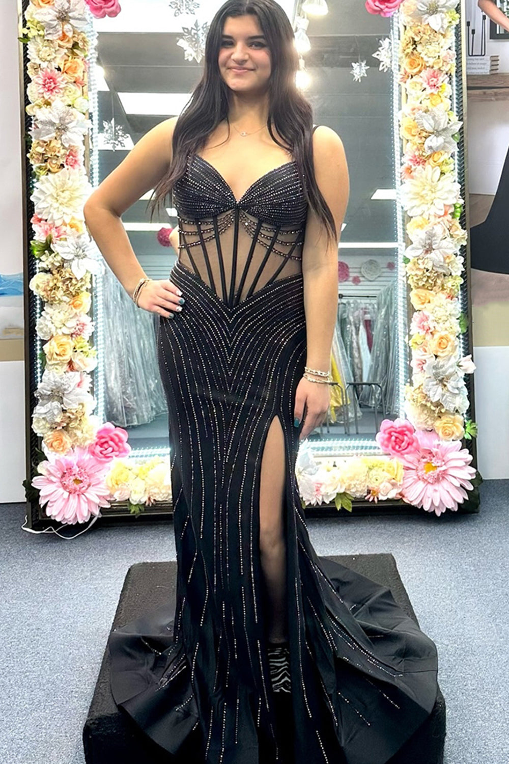 Sparkly Black Beaded Mermaid Corset Long Prom Dress with Slit