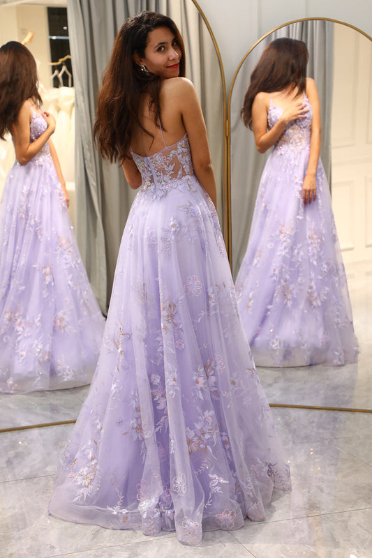 Elegant Purple A Line Tulle Long Prom Dress With Appliques