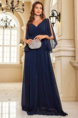 Elegant Navy Chiffon Long Prom Dress With Slit