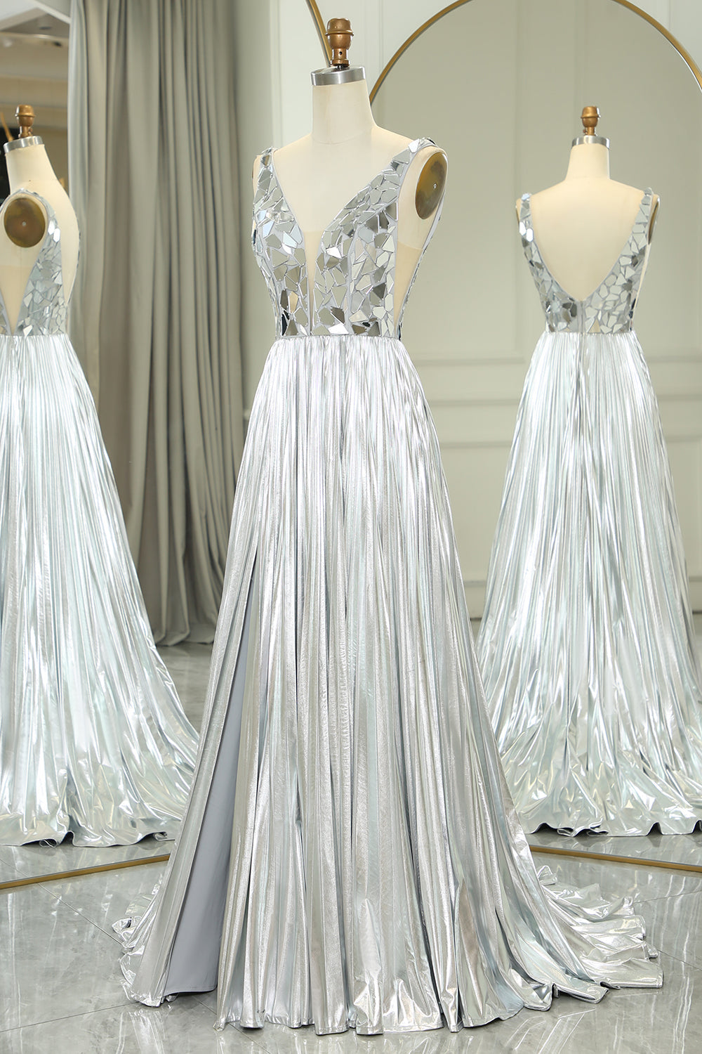 Glitter Silver Backless Long Mirror Prom Dress