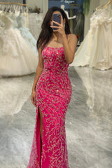 Sparkly Fuchsia Mermaid Long Appliqued Prom Dress With Slit