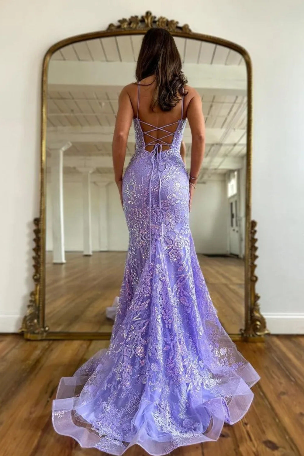 Sparkly Lavender Mermaid Spaghetti Straps Long Lace Backless Prom Dress