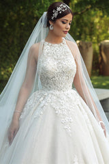 Ivory Ball Gown Wedding Dress Halter Tulle Lace Appliques Bridal Dress