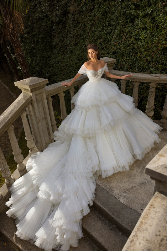 Ivory Wedding Dress Off The Shoulder Tiered Tulle Ball Gown Bridal Dress