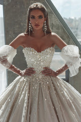 Ivory Ball Gown Wedding Dress Sweetheart Sequined Bridal Dress with Sleeves