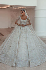 Champagne Wedding Dress Ball Gown Square Neck Long Sleeves Bridal Dress