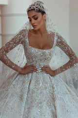 Champagne Wedding Dress Ball Gown Square Neck Long Sleeves Bridal Dress