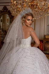 Ivory Ball Gown Wedding Dress Off the Shoulder Glitter Beaded Bridal Dress