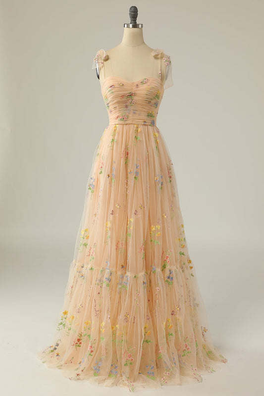 Champagne Prom Dress A-Line Embroidered Bowknot Sleeveless Party Dress