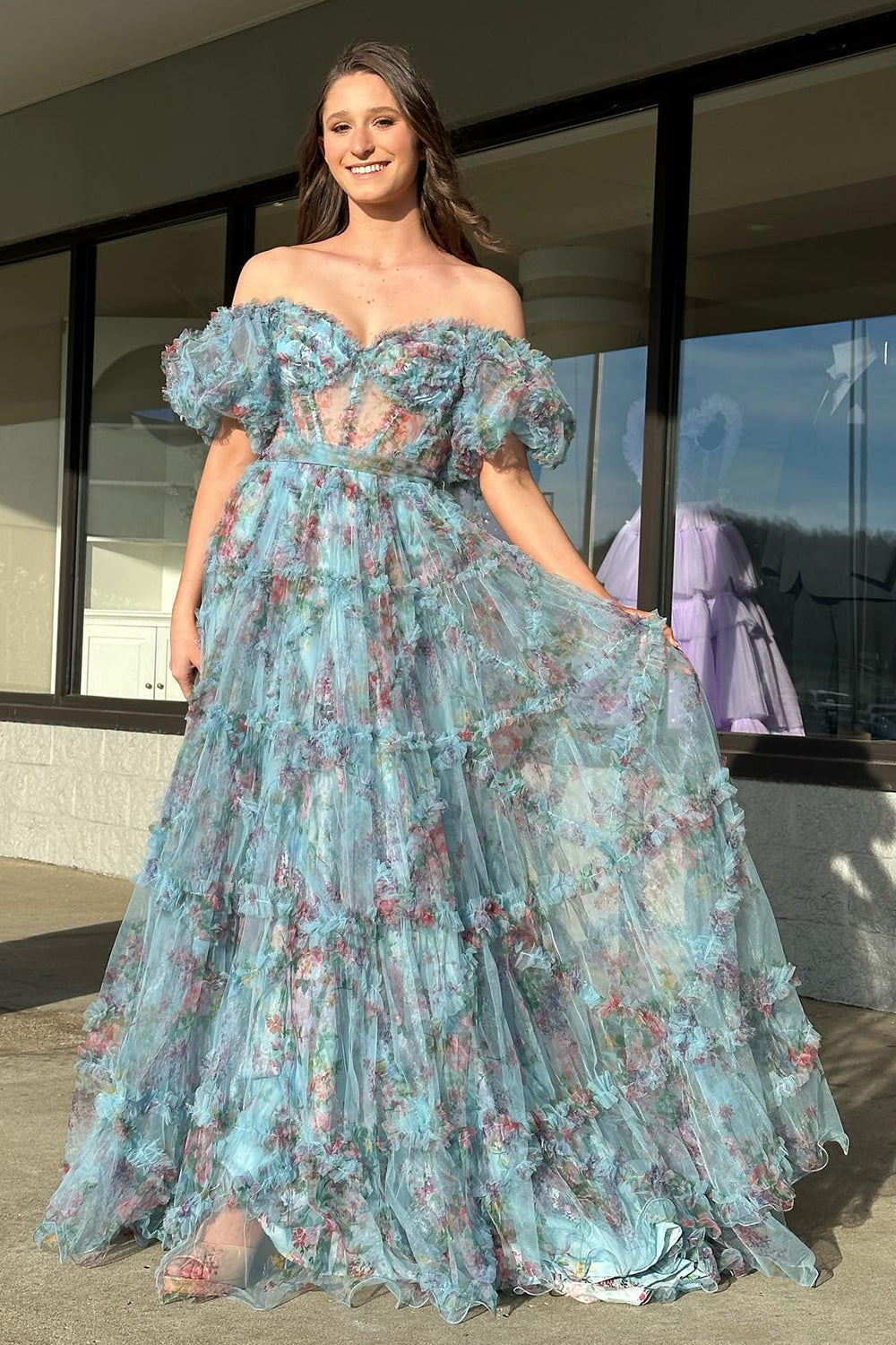 Pink Blue Flower Floral Off the Shoulder Long Prom Dress