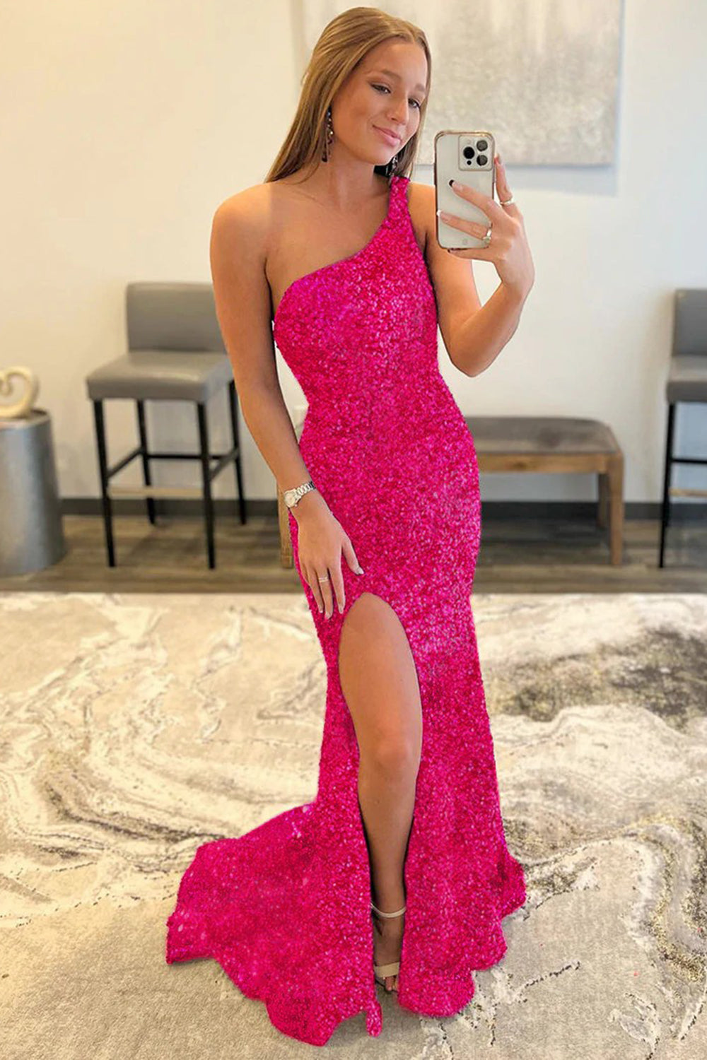 Sheath One Shoulder Red Sequins Prom Dress with Slit