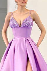 Lavender Spaghetti-Straps Sequins A-Line Evening Dress with Split