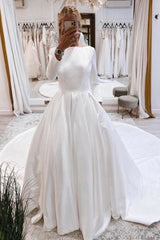 Vintage White Bateau Long A-Line Wedding Dress with Sleeves