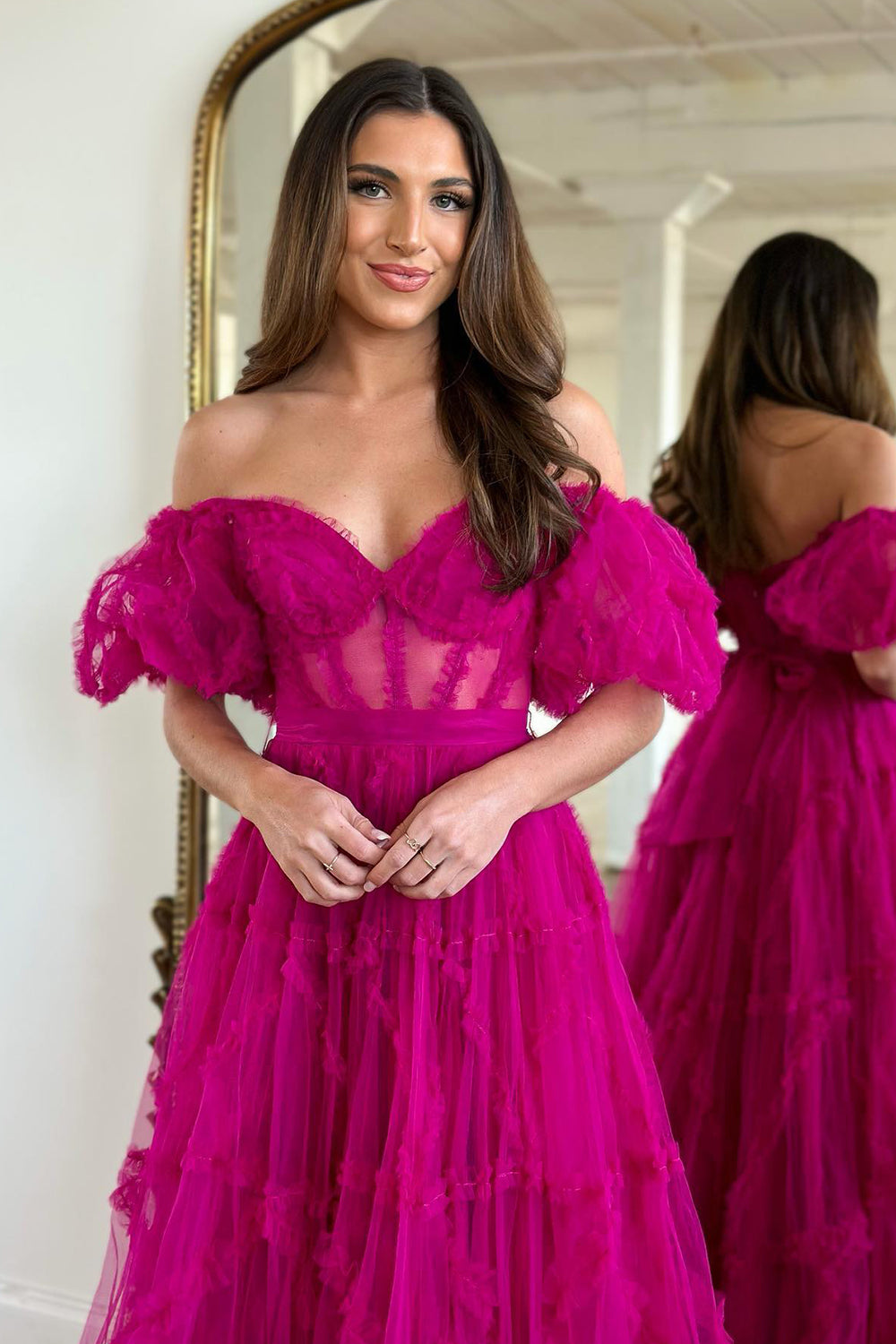 A Line Off the Shoulder Pink Tulle Corset Prom Dress with Bowknot