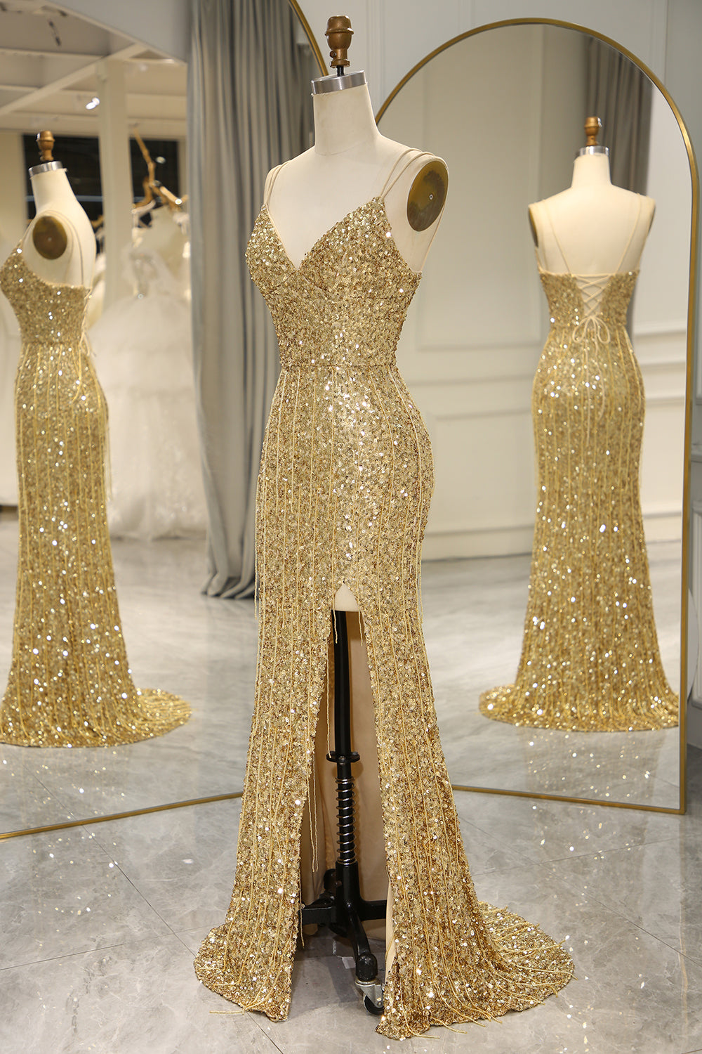 Sparkly Golden Mermaid Backless Long Prom Dress With Slit