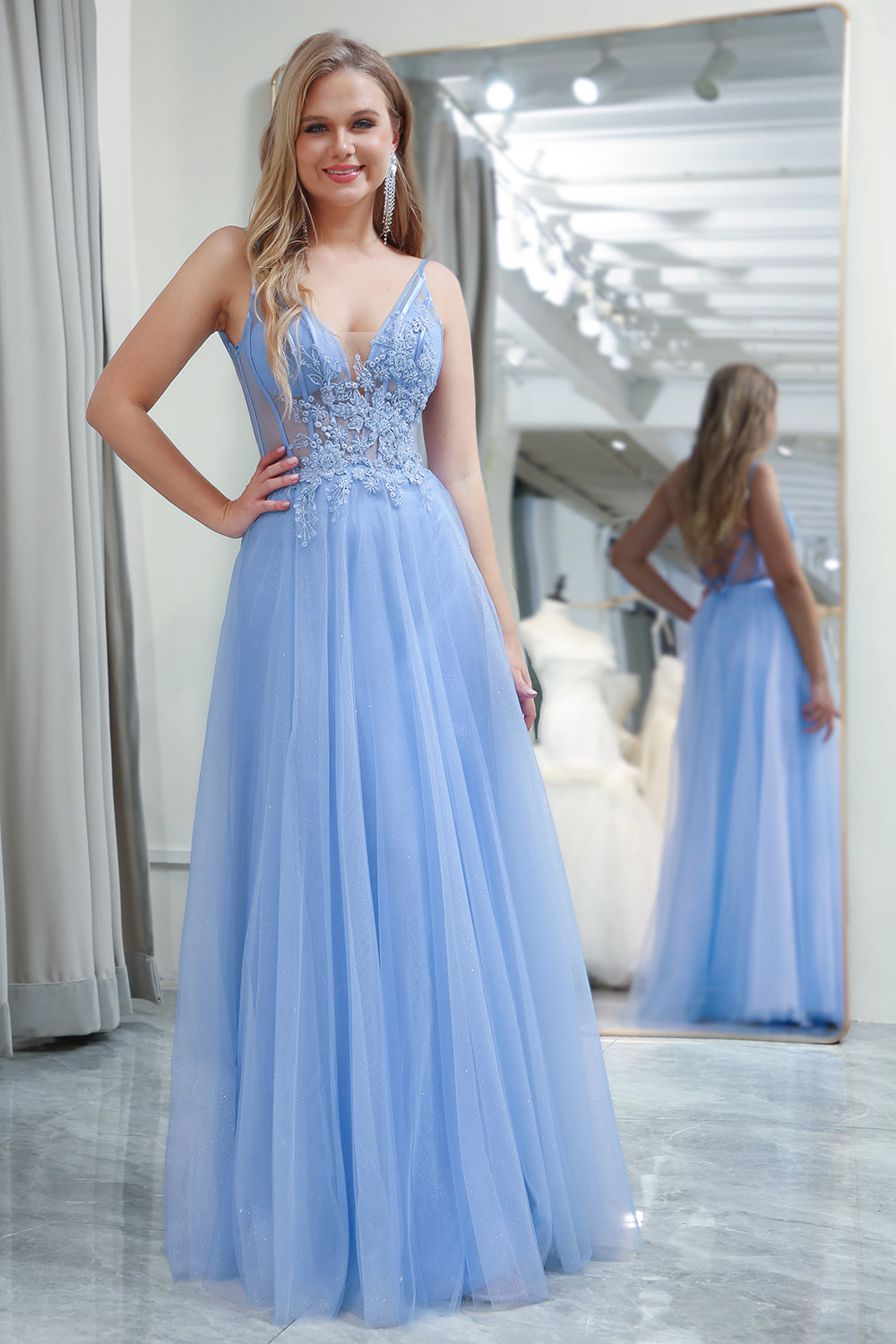 Light Blue A Line Long Corset Prom Dress