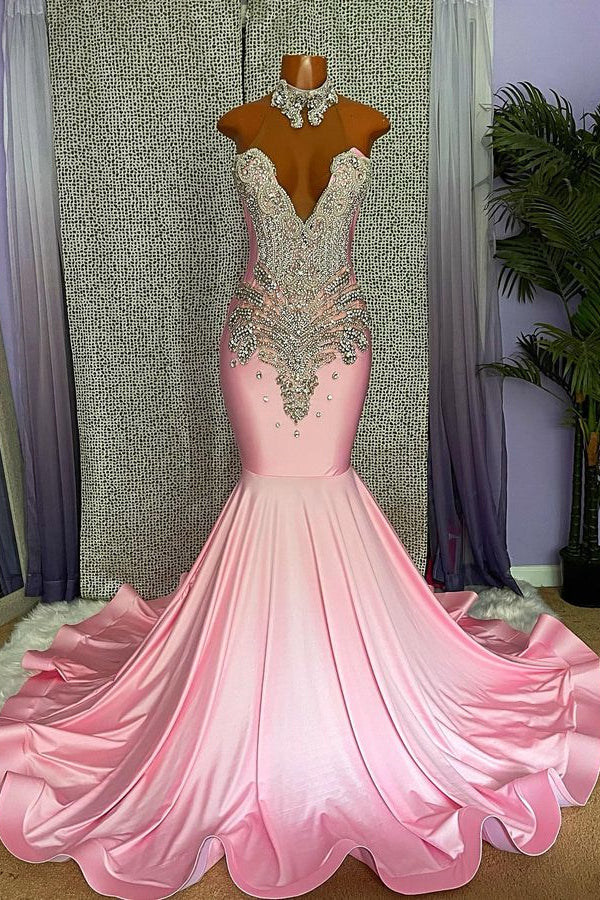 Pink Halter Evening Dress with Rhinestone Appliques