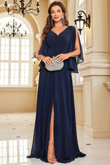 Elegant Navy Chiffon Long Prom Dress With Slit